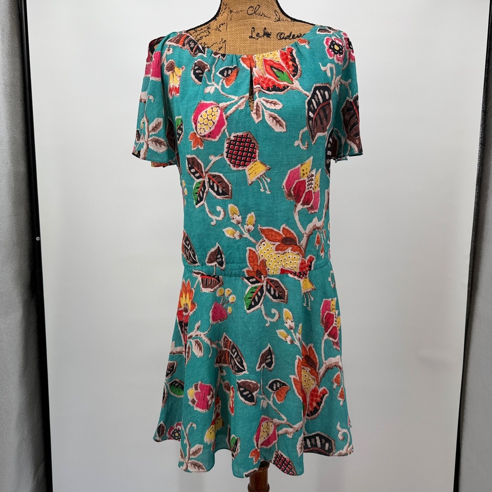 Alice + Olivia Silk Floral Mini Dress Short‎ Sleeve Sz 6 Green Cottage Fairy
